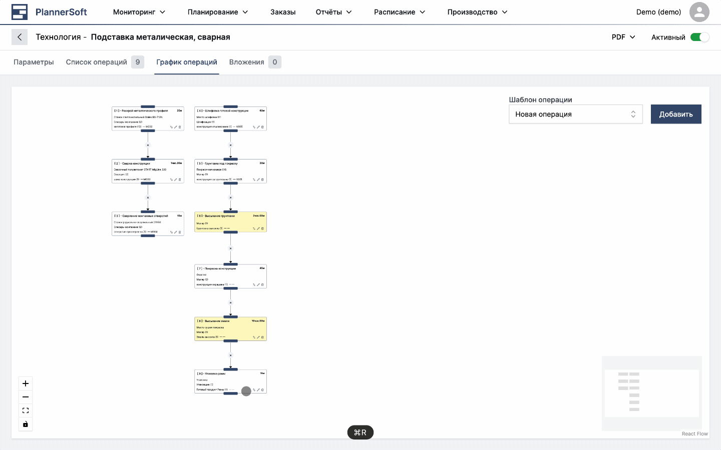 Добавление предыдущей операции на графике Технологии в приложении MES Planner