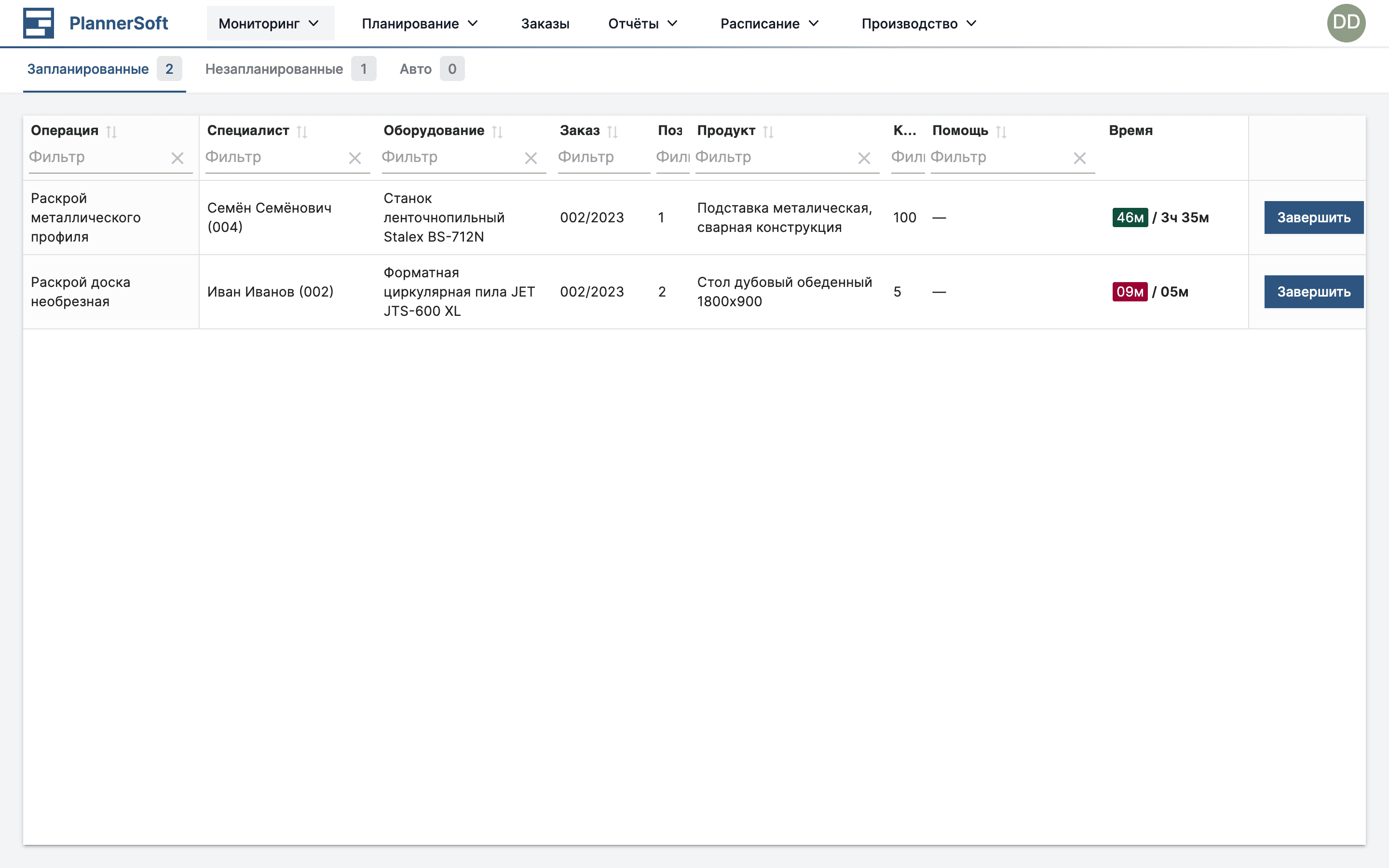 Страница В прогрессе в приложении MES Planner