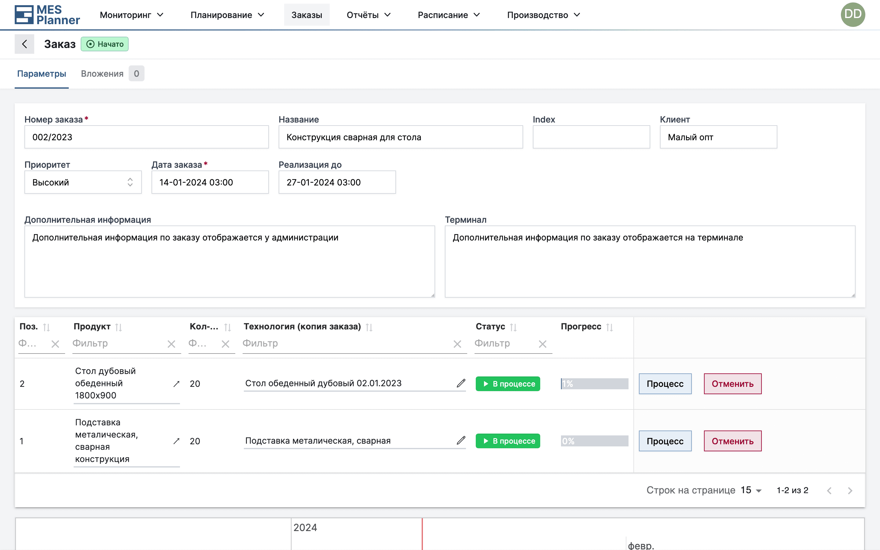 Пример технологии в заказе в приложении MES Planner