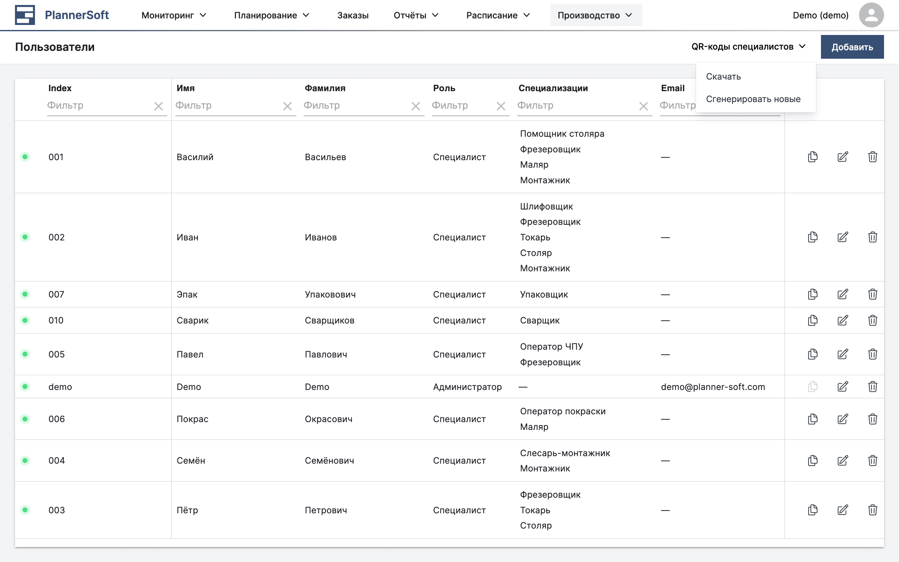 Генерация QR-кодов для всех специалистов в приложении MES Planner